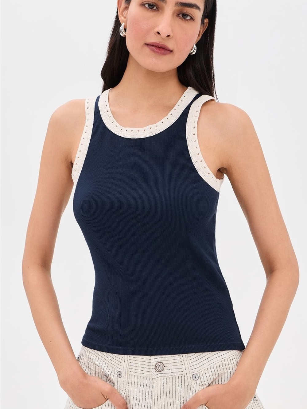 Z Supply Clarke Rib Tank Eclipse Navy Crochet Trim Size XS NWT